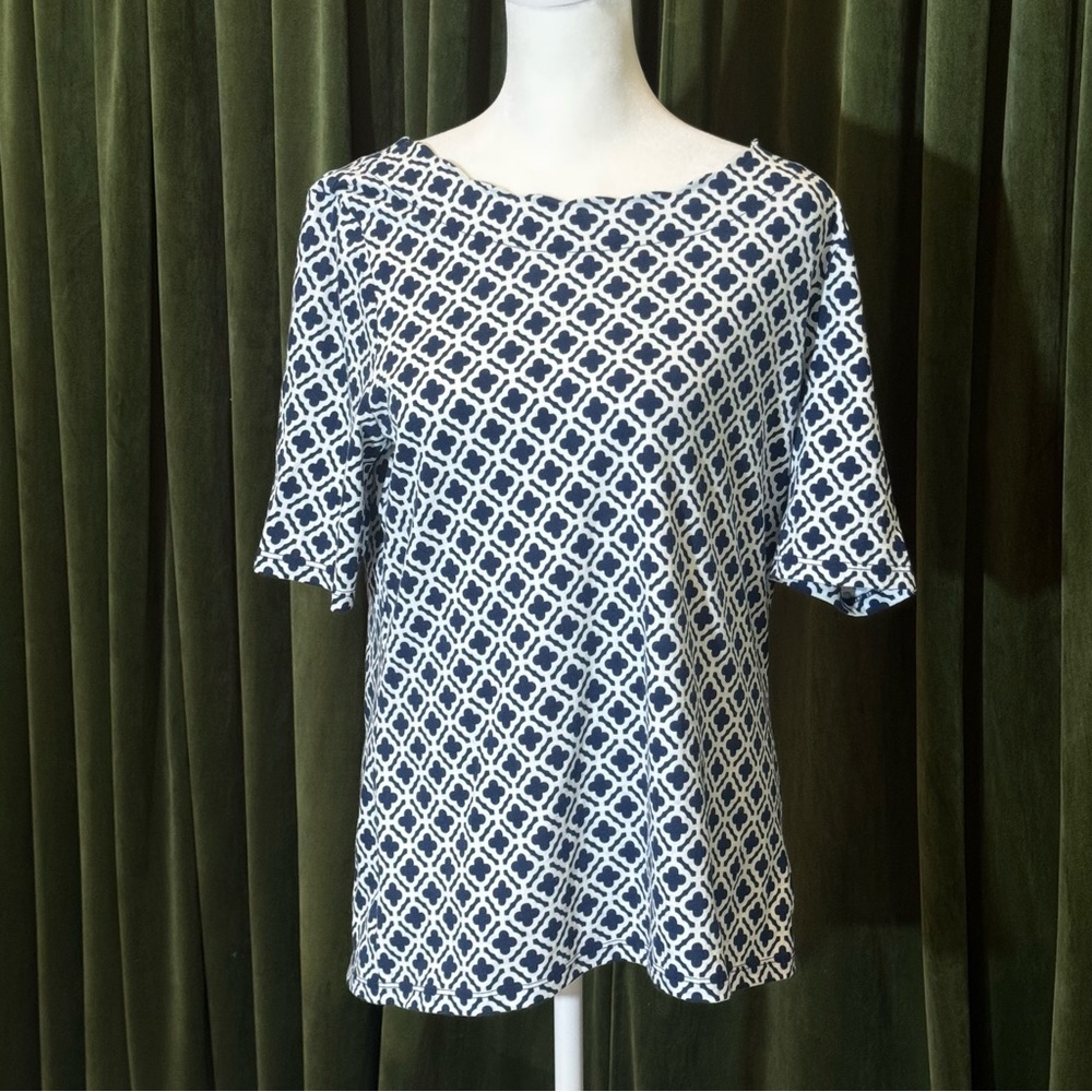 Talbots Pima Cotton Scallop Boatneck Tee – Navy & White Geometric Print